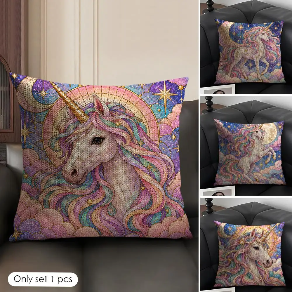 Stained Glass Unicorn Cushion Cover Skin-Friendly Organic Linen Pillow Cover Durable Hypoallergenic Washable Soft