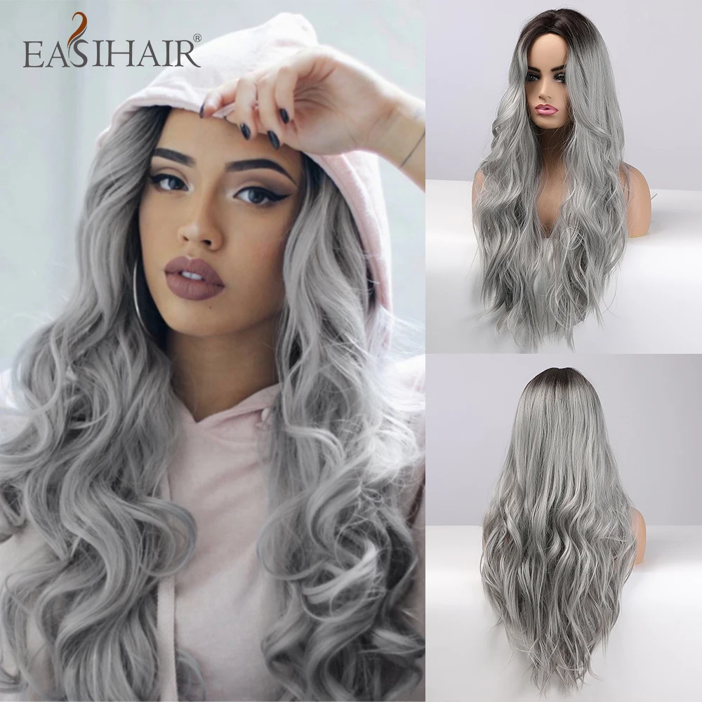 

EASIHAIR Long Wavy Brown Grey Ombre Synthetic Wigs for Women Middle Part Body Wave Wigs Natural Cosplay Hair Heat Resistant Wig