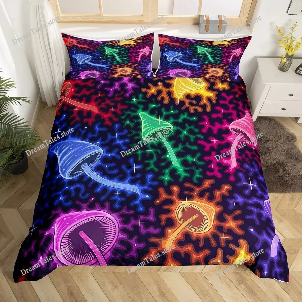 Wild Mushroom Duvet Cover Set Burgundy Plant Bedding Set for Kids Comforter Cover Soft Polyester King Queen Size with Pillowcase