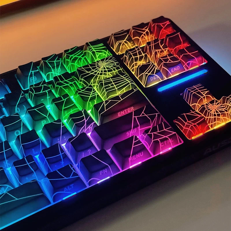 Black Spider Web PBT Keycaps,130 Keys Cherry Profile Shine Through Side Printed Custom Keyboard Caps For Mechanical Keyboard