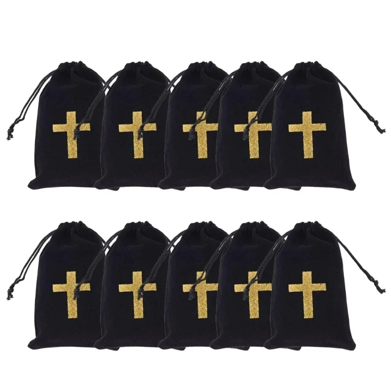 5/10Pcs Black Cross Pattern Bag with Drawstring Gift Packaging Fabric Pouch for Necklace Earrings Elegant Storage Pouches