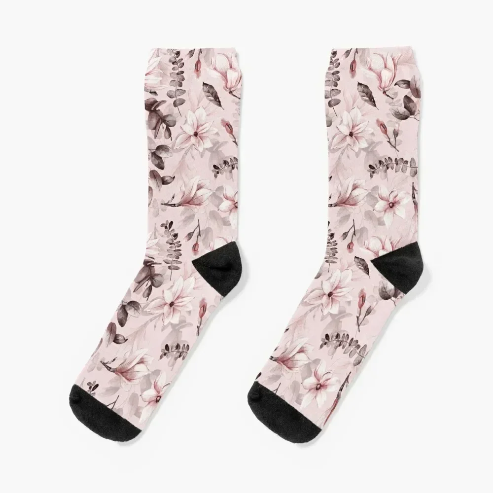 

Sepia Pink Hand Drawn Watercolor Magnolia Flowers Socks christmas gift aesthetic colored luxury Women's Socks Men's