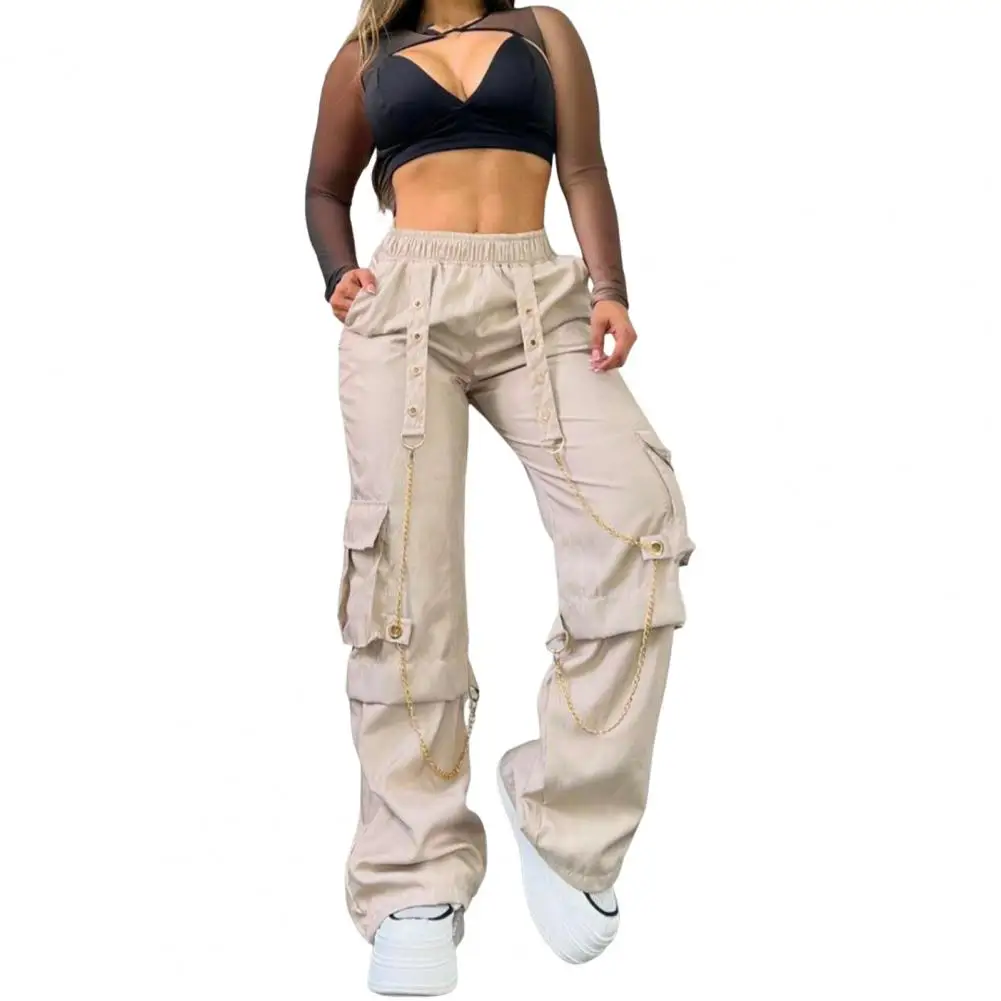 

Casual Overalls Stylish Women's Cargo Pants with High Waist Elastic Band Chain Straps Multiple Pockets Fashionable for Ladies