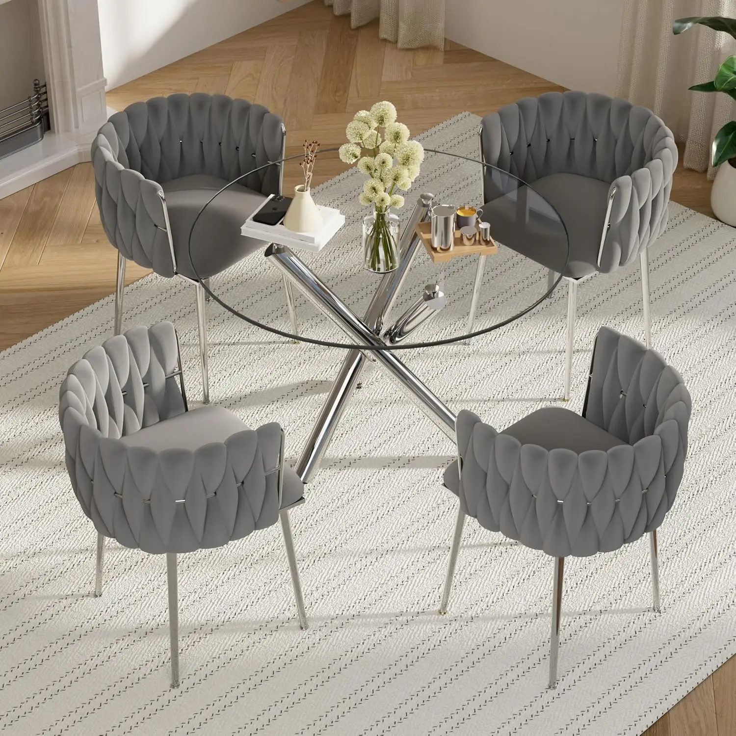 5pc Round Dining Table Set Modern Glass Top Kitchen Table with Grey Chairs for Small Apartment, Customized