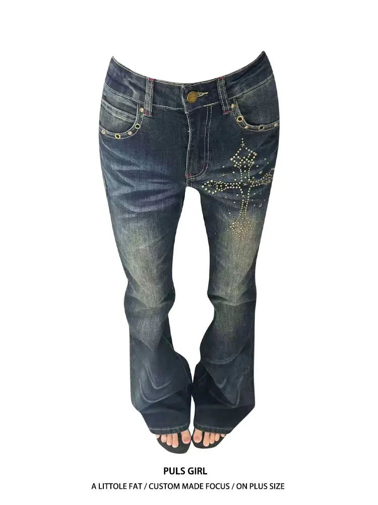 

Retro American Washed Design Beaded Bell Bottom Jeans Women's Slim Fit Long Pants High Waist Casual Style All Seasons