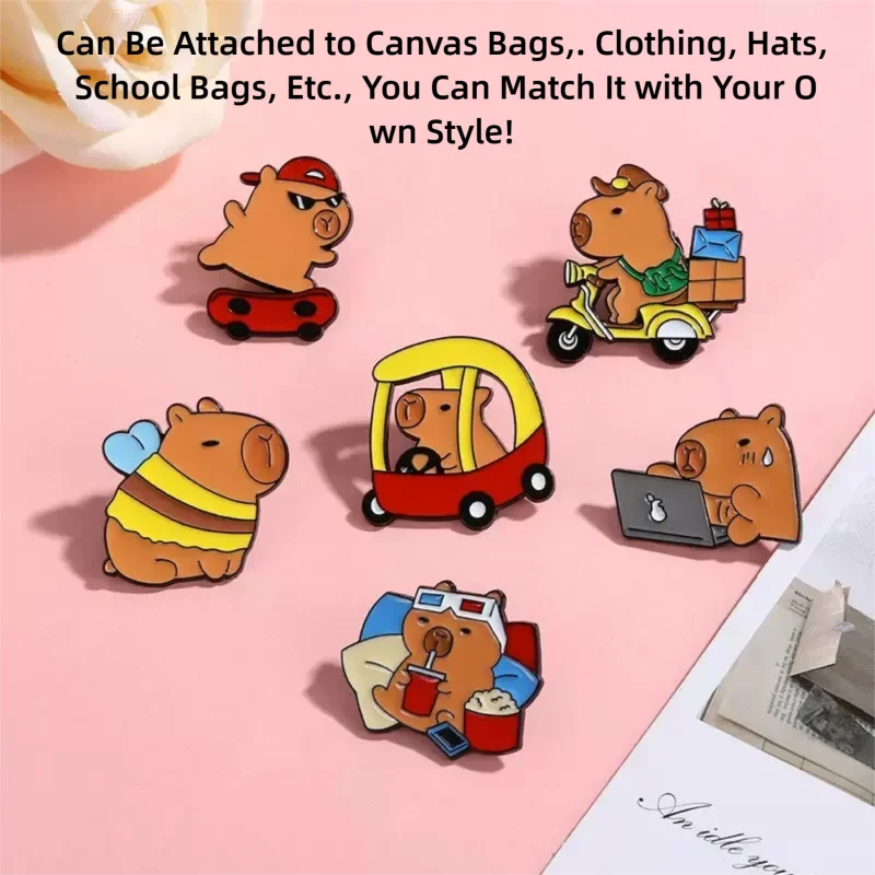HeYe Cute Capybara Animal Cartoon Costume Hat, Bag, Pencil Case, Badge, Brooch, Pin, Accessories Gift Set of 6