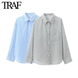 TRAF Women Fashion Autumn New Striped Long Sleeve Single-breasted Lapel Drop Blouse Street Clothing Shirt Chic Ladies Top