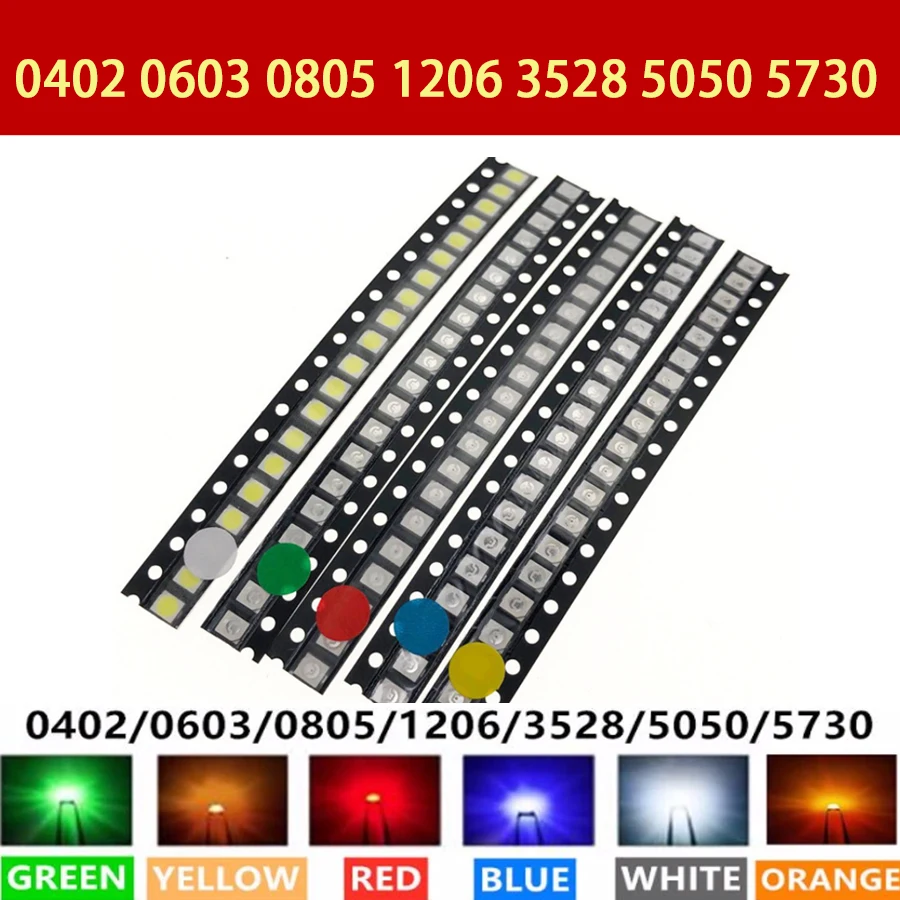 0402 0603 0805 1206 3528 5050 5730 3020 3014 4014 SMD LED Red Yellow Green White Blue Orange light emitting diode 100pcs/lot