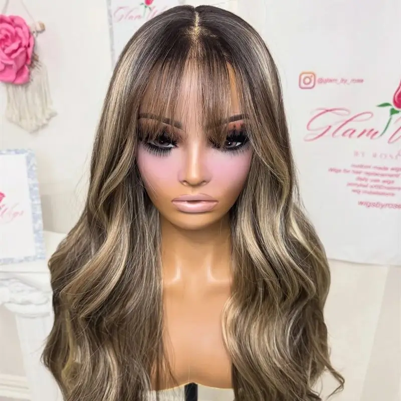 

Мягкий длинный волнистый парик омбре с коричневыми и светлыми прядями, синтетический HD-парик с кружевной передней частью и воздушной челкой, для вечеринок, повседневной носки, косплея, для женщин
