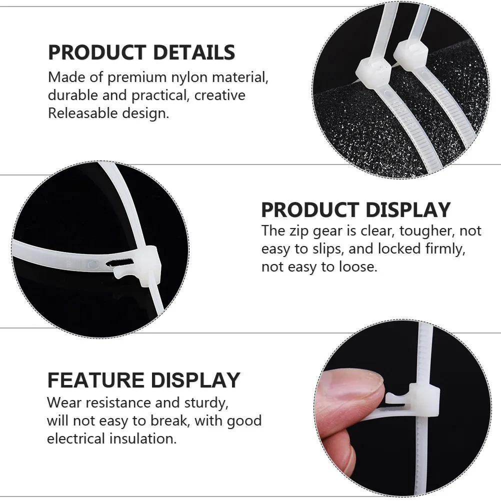 100Pcs Releasable Nylon Tie Wraps Reusable Cable Zip Ties Wear Resistant Sturdy Insulated for Cord Management Bag Sealing Wire