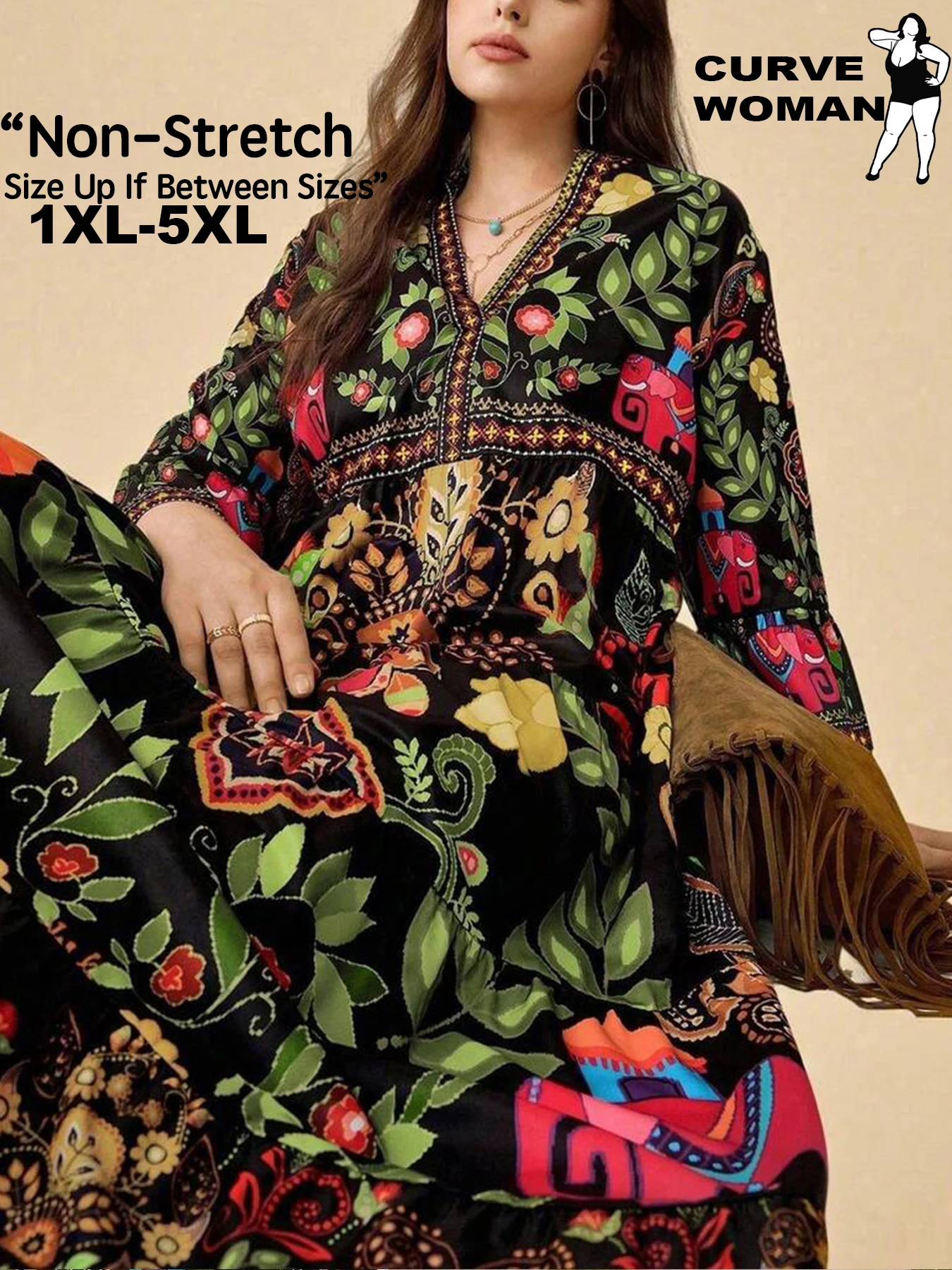 

Богемное платье макси больших размеров, V-образный вырез с поясом на талии. Неэластичная ткань для прогулок в отпустях и фестивалях