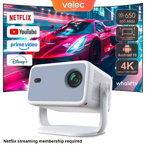 Proyector Velec Compatible con Netflix Android 13 4K Native 1080P 650ANSI con enfoque automático Wifi6 BT5.2 proyector doméstico para exteriores
