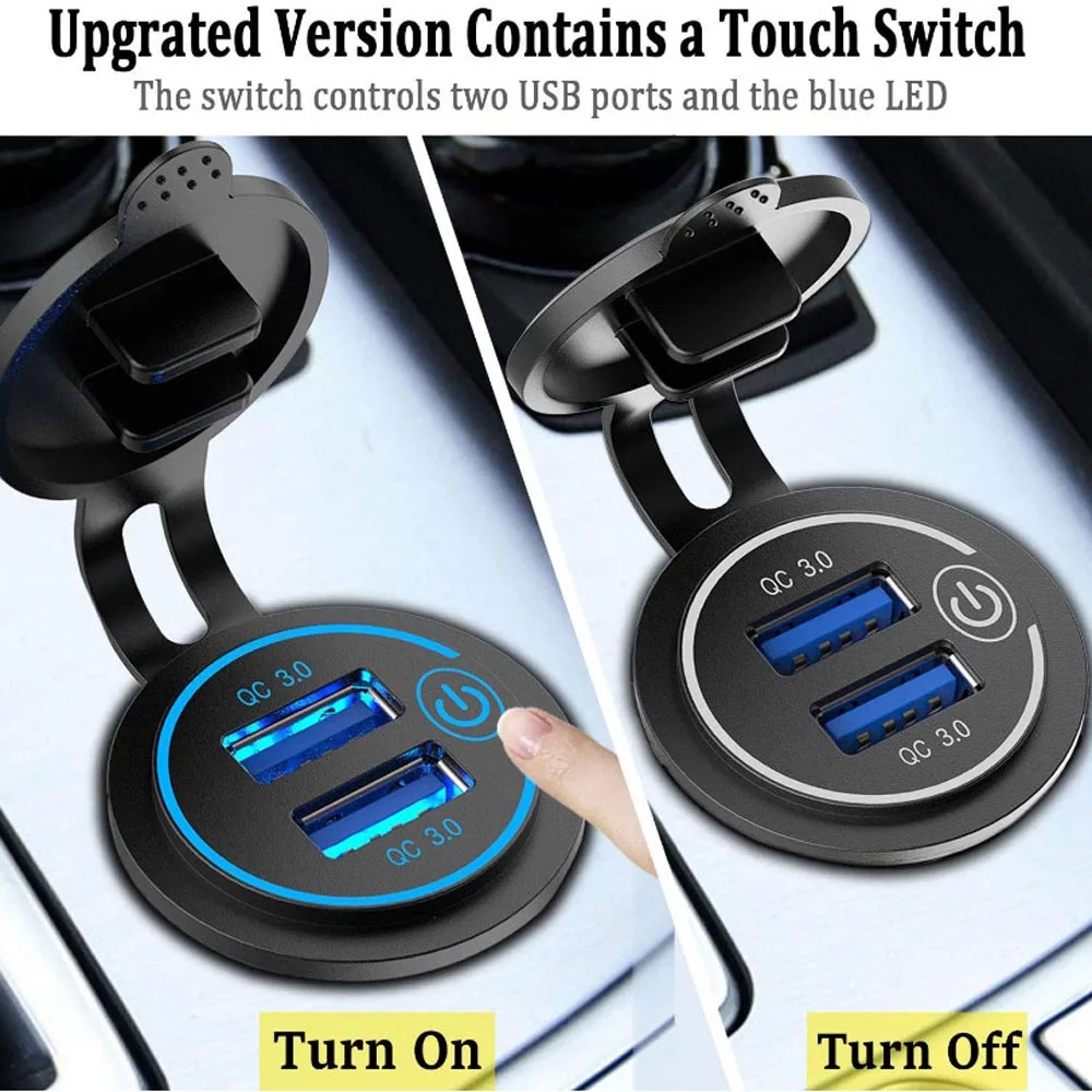 Quick Charge 3.0 Dual USB Fast Car phone Charger Socket Accessories Waterproof 12V 24V Power Outlet with Touch Switch Led Light