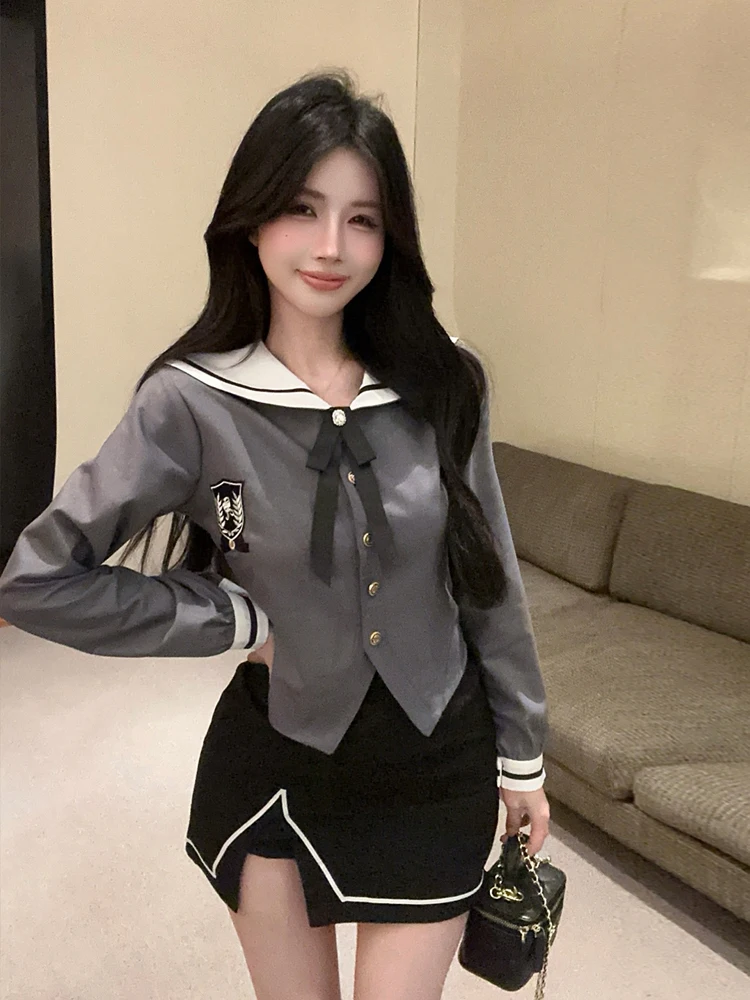 Fashionable Naval Collar Long Sleeve Shirt And Short Skirt Set Pure Desire Spicy Girl Uniform Single Button Toggle Color Block