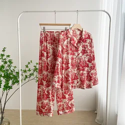 QSROCIO Luxury Red Maple Leaf Printed Women's Pajamas Spring Autumn Long Sleeved Pants Casual Floral Home Clothing Set