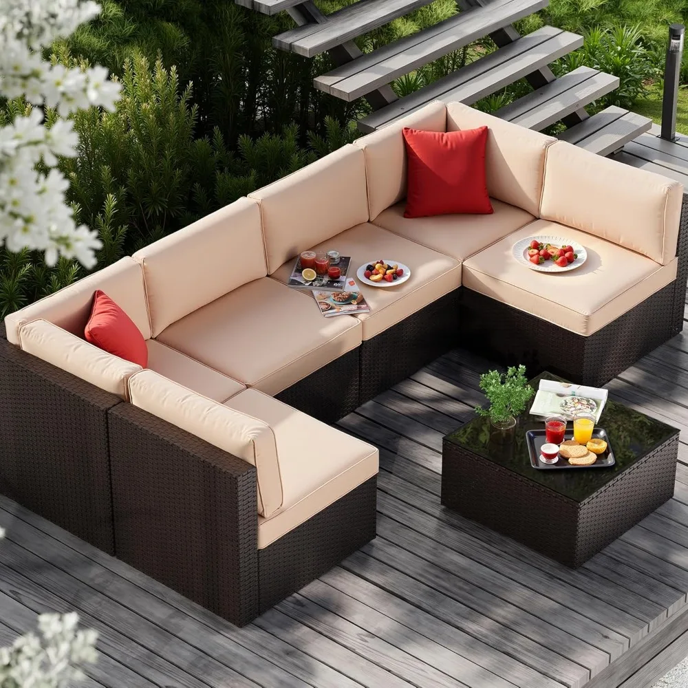 7 Pieces Patio Furniture Sets, Outdoor All-Weather Wicker Patio Conversation Sets, L-Shaped Rattan Sectional Patio