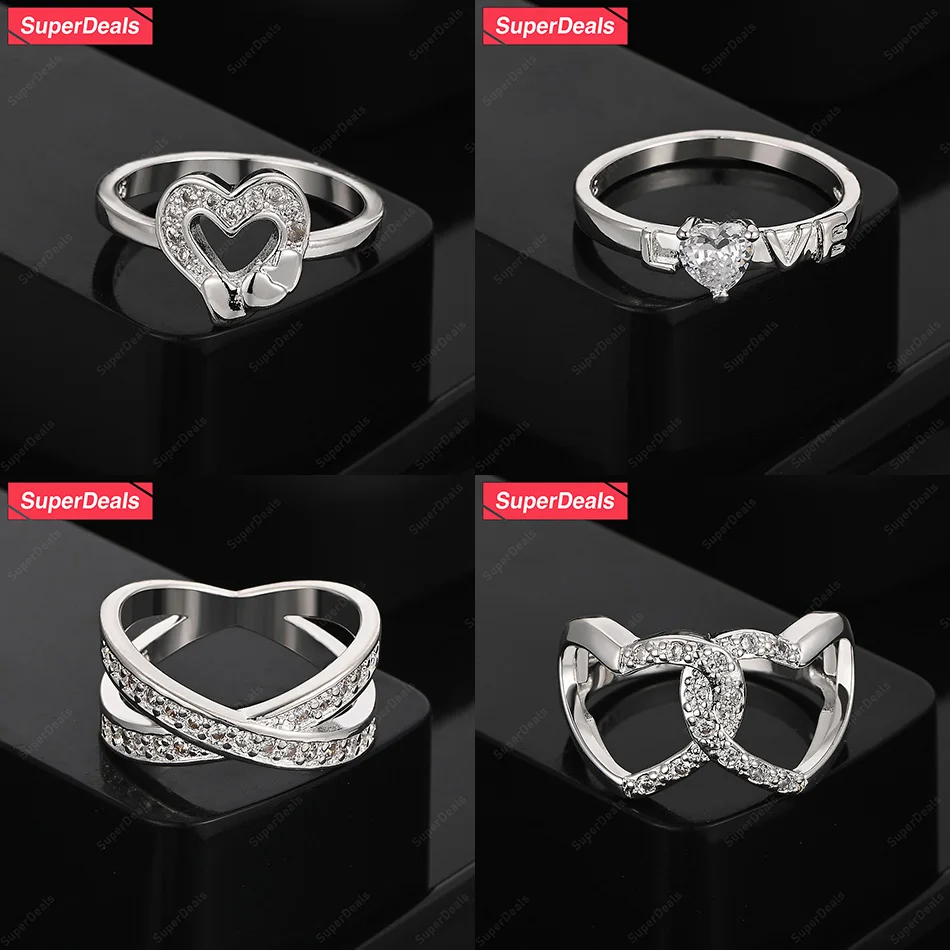 

SuperDeals 925 Sterling Silver Two Circle AAA Zircon Love Heart Letter Ring Women Engagement Party Classic Luxury Jewelry