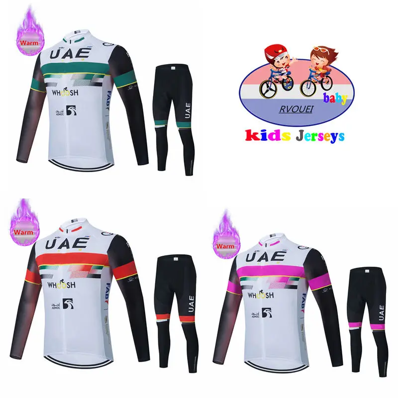 UAE Boy Long Sleeve Cycling Jersey Set, Team Cycling Clothes, Thermal Fleece, MTB Bicycle Clothing, Kids Bike Uniform, Winter