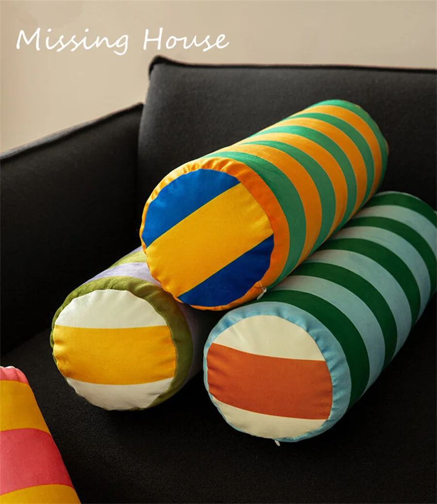 Long Column Pillows Retro Stripe Cushion Velvet Round Bed Roll Cushion Pillow with Core Living Room Sofa Long Round Waist Pillow