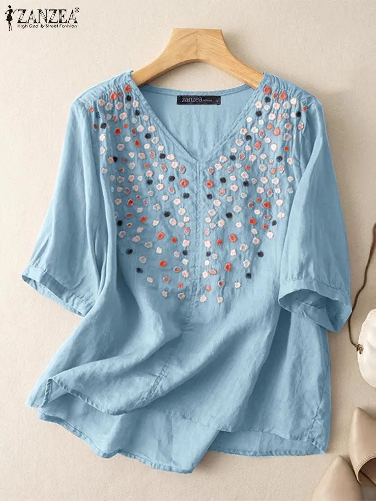 Women Floral Embroidery Tops ZANZEA Summer V Neck Half Sleeve Blouse Vintage Solid Cotton Shirt Casual Loose Holiday Blusa Mujer