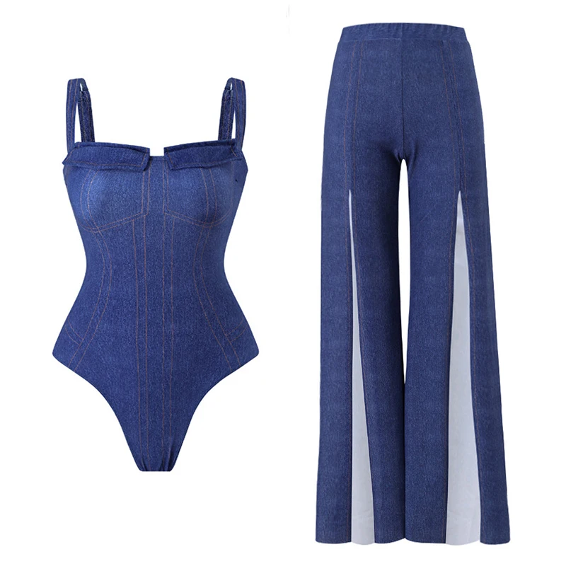 One Piece Swimsuit Women Bodysuit Denim Beach Trousers Halter Solid Bikini Set Summer 2026 Holiday Fashion Sexy Beachwear