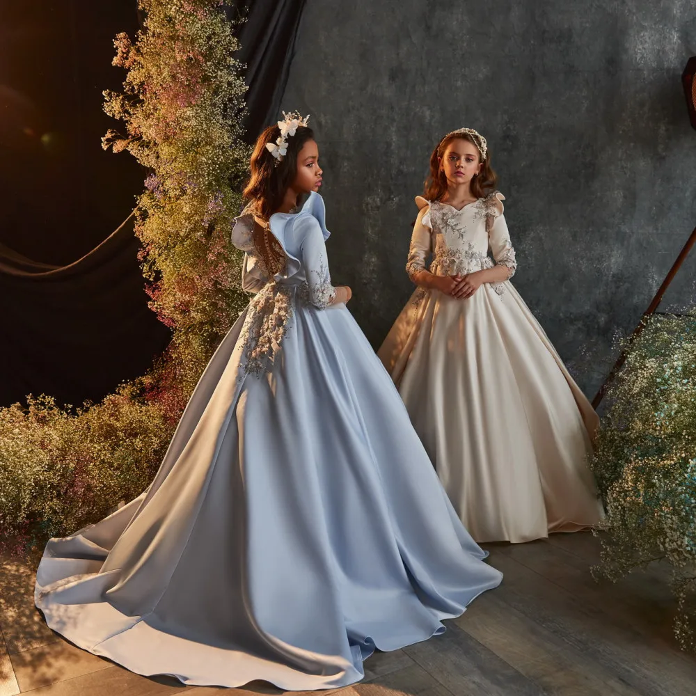 Precioso vestido de princesa de satén para niñas, vestido de fiesta de desfile de manga larga con cuentas de flores, vestido de baile de graduación de cumpleaños