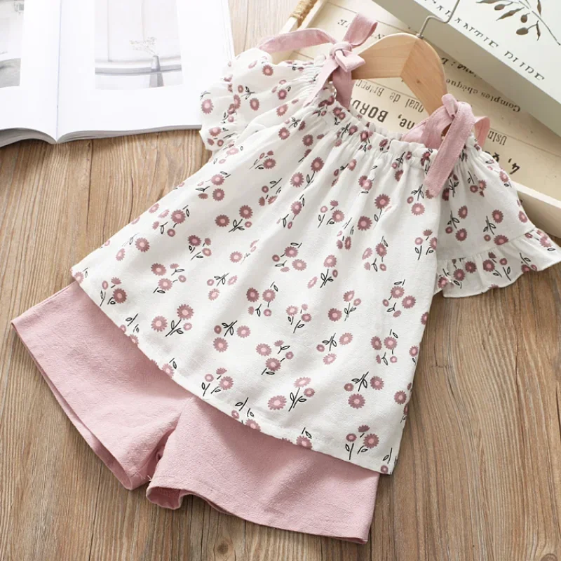 Sweet Baby Girls Clothing Sets Summer Kids Clothing Sleeveless Floral T-shirt Shorts Pants 2Pcs Suit Bow Children Girl Suit