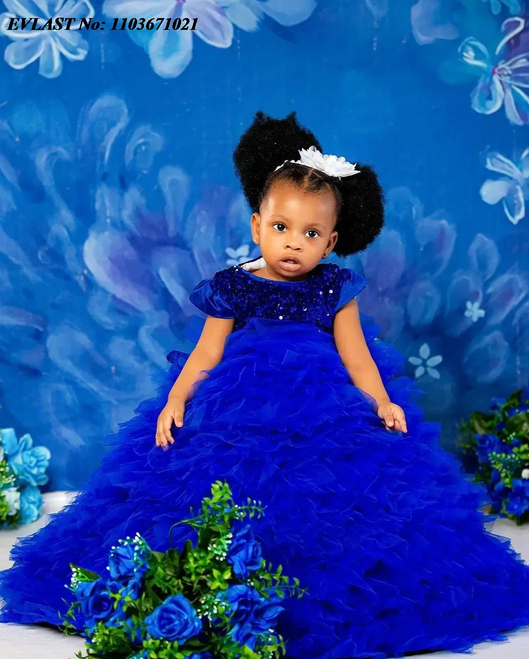 EVLAST Customized Royal Blue Flower Girl Dress Princess For Weddings Toddler Girls Pageant Dress Kids Birthday Communion FD75