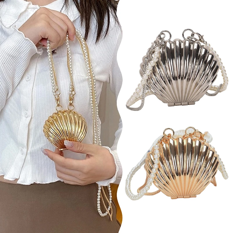 Metal Shell Bag Mini Lipstick Bag Pearl Chain Crossbody Bag Shoulder Bag Handbag Purse Waist Bag Women Makeup Jewelry Bag