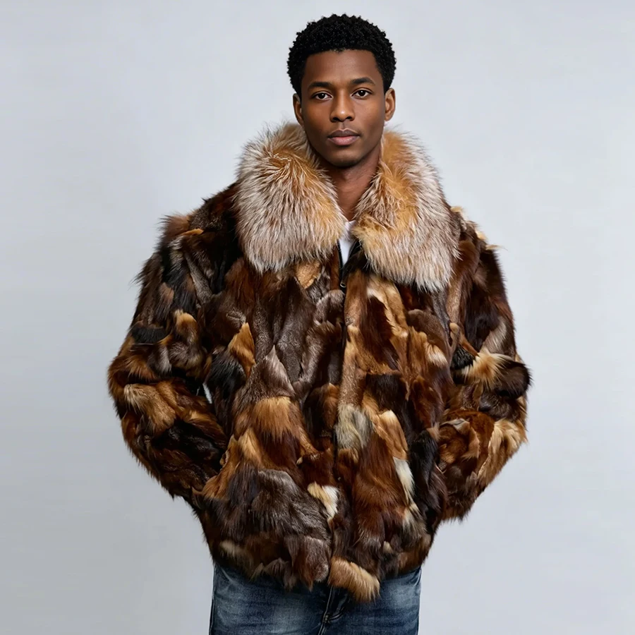 Man's Section Fox Fur Jacket With Cross Cut Collar Cropped Fox Fur Zippered Jacket Furry Jacket High Quality Real Fur Jacket