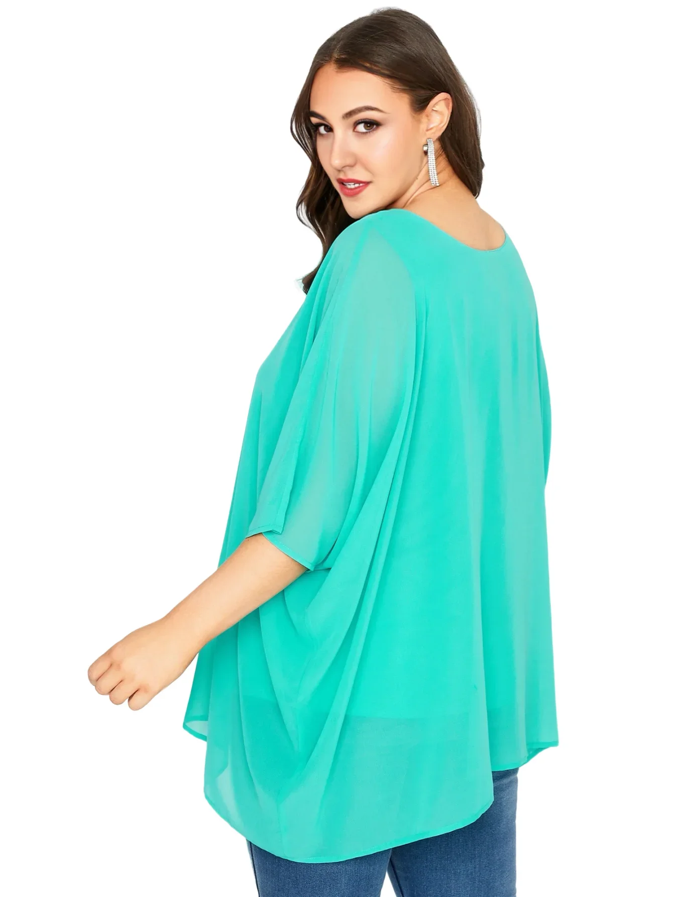 Womens Plus Size Elegant Summer Blouse Batwing Sleeve Oversized Chiffon Blouse Scoop Neck Large Size Casual Tunic Top Shirt 7XL