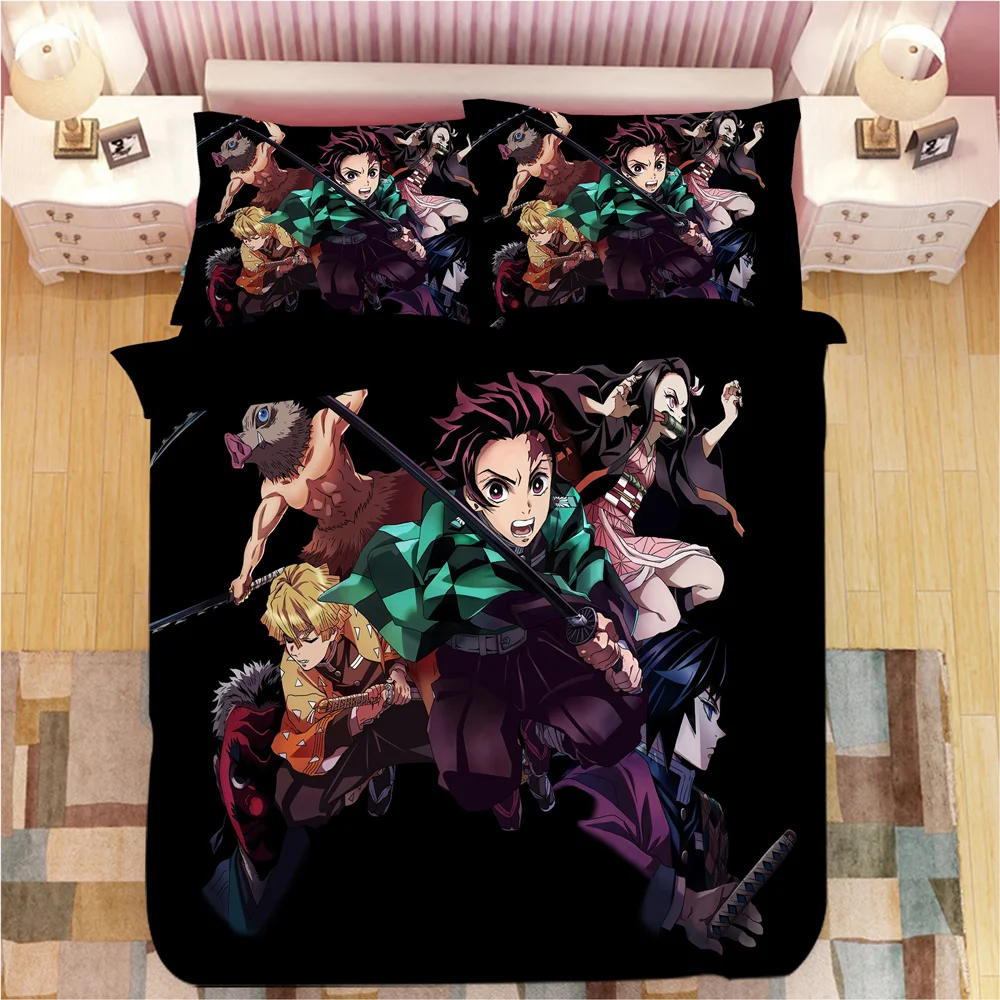 Demon Slayer Bedding Sets Cartoon Comforter Bed Linen Boys Kids Single Double Size Soft Bedclothes Home Decor Anime Duvet Covers