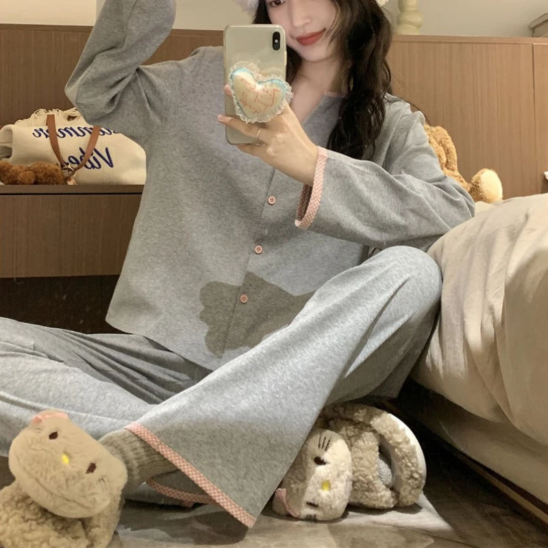 Women's Sleepwear Can Be Worn As Outerwear Home Suit Solid Color Loose Cardigan Long Sleeved Pants Женская Пижама image 4