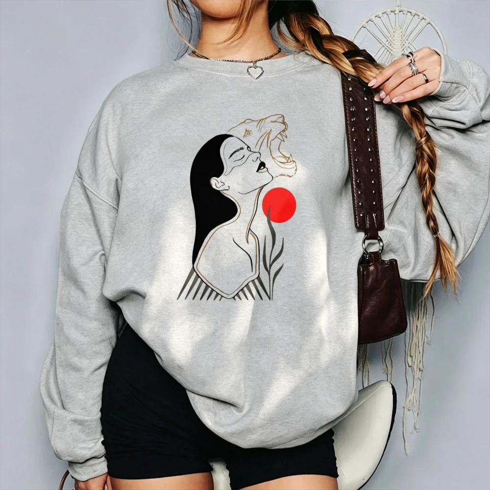 Abstract Woman and Panther Red Sun Graphic Crewneck Sweatshirt Line Art Wild Animal Print Pullover Aesthetic Artistic Minimalist