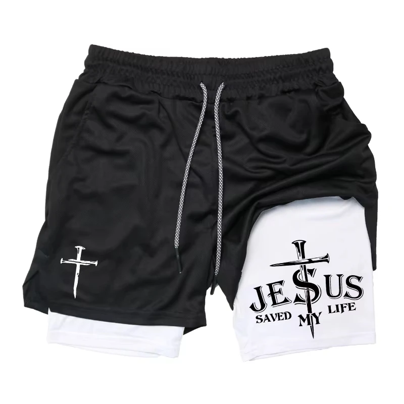 

Summer Shorts Man Women Cross Bible Print Gym Fitness Shorts Sports Double-layer 2-in-1 Pant Quick-Drying Beach Shorts Y2k Moto