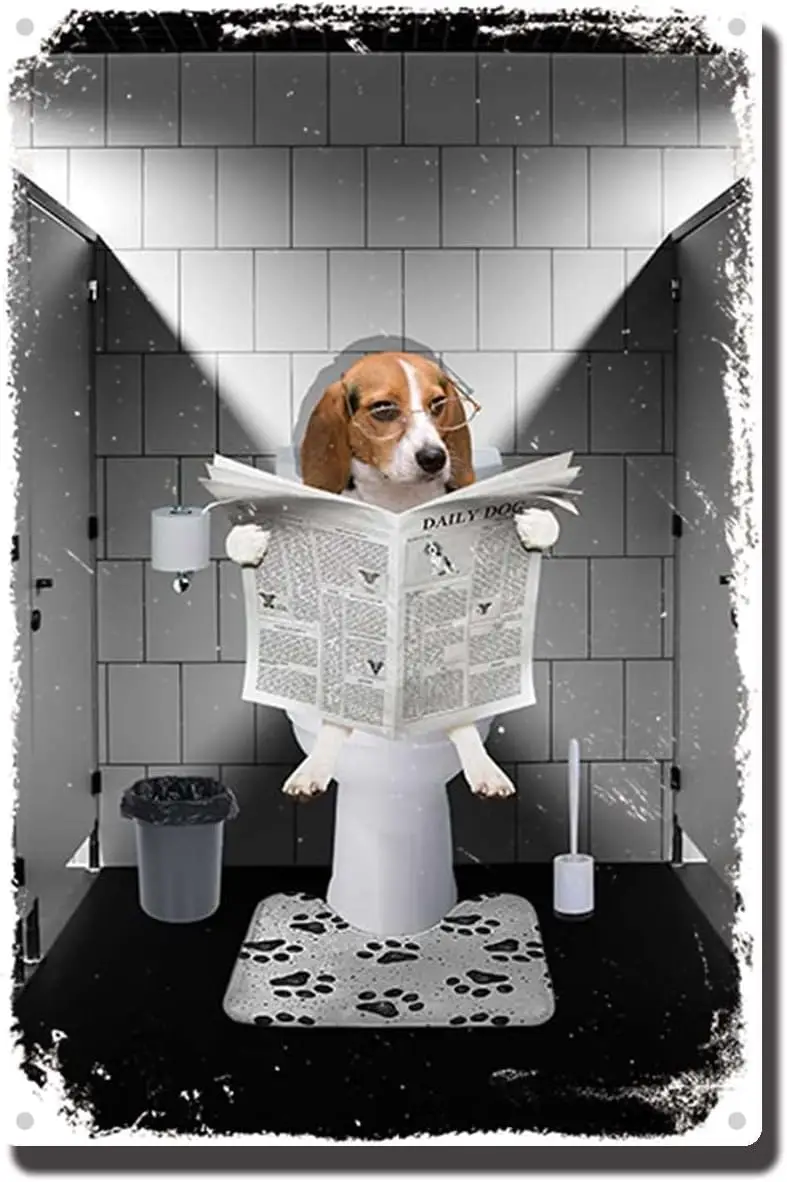 Metal Sign Beagle Dog Reading The Newspaper On Toilet Metal Tin Sign Wall Decor Man Cave Bar 8x12inch Tin Sign sign