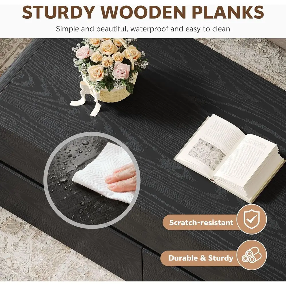 40-Zoll-Couchtisch mit Hubplatte und Schubladen, gebogenes Design für Wohnzimmer oder Heimbüro, Schwarz