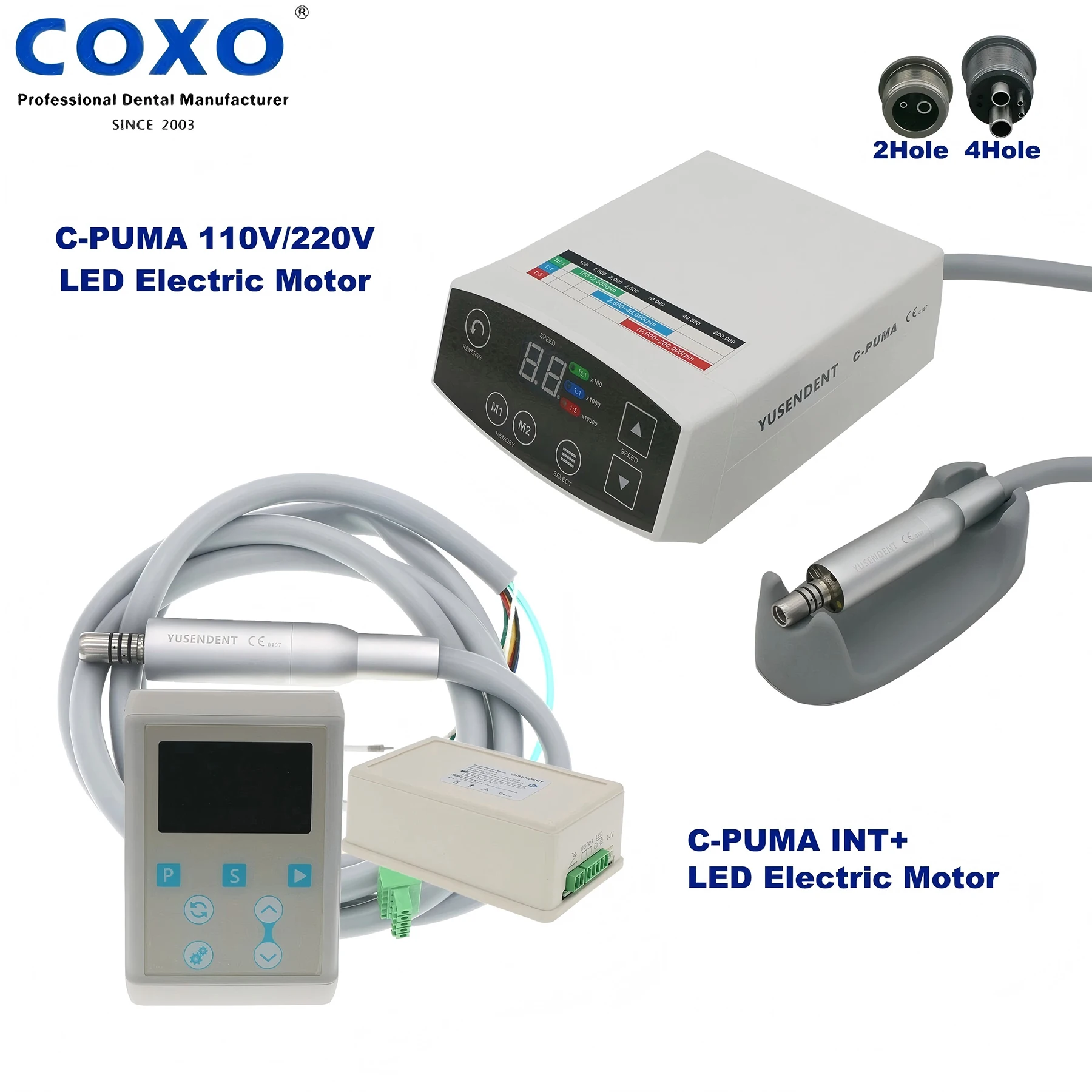 Стоматологический электродвигатель COXO LED Micro C-PUMA, 4 отверстия/2 отверстия, встроенный электродвигатель C-PUMA INT+, используемый с низкоскоростным наконечником C7-5