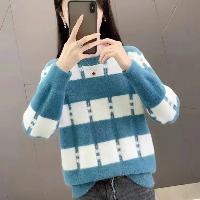 New Style Autumn and Winter Women\'s Color Block O-Neck Long Sleeves Loose Knitted Pullovers Sweater Fashion Casual Commute Tops