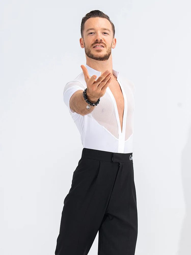 Male White Latin Dance Shirt Professional Competition Wear Summer Practice Wear Tango Ballroom Waltz Performance Tops DL10867