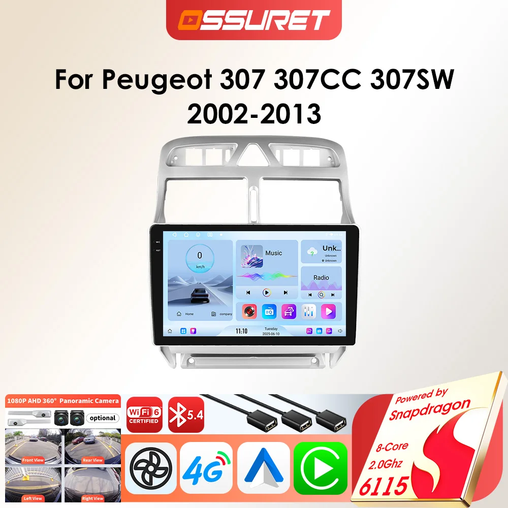 OSSURET Android Car Radio Player for Peugeot 307 307CC 307SW 2002 -2013 Carplay Auto GPS 2 DIN Car Multimedia by Snapdragon 6115