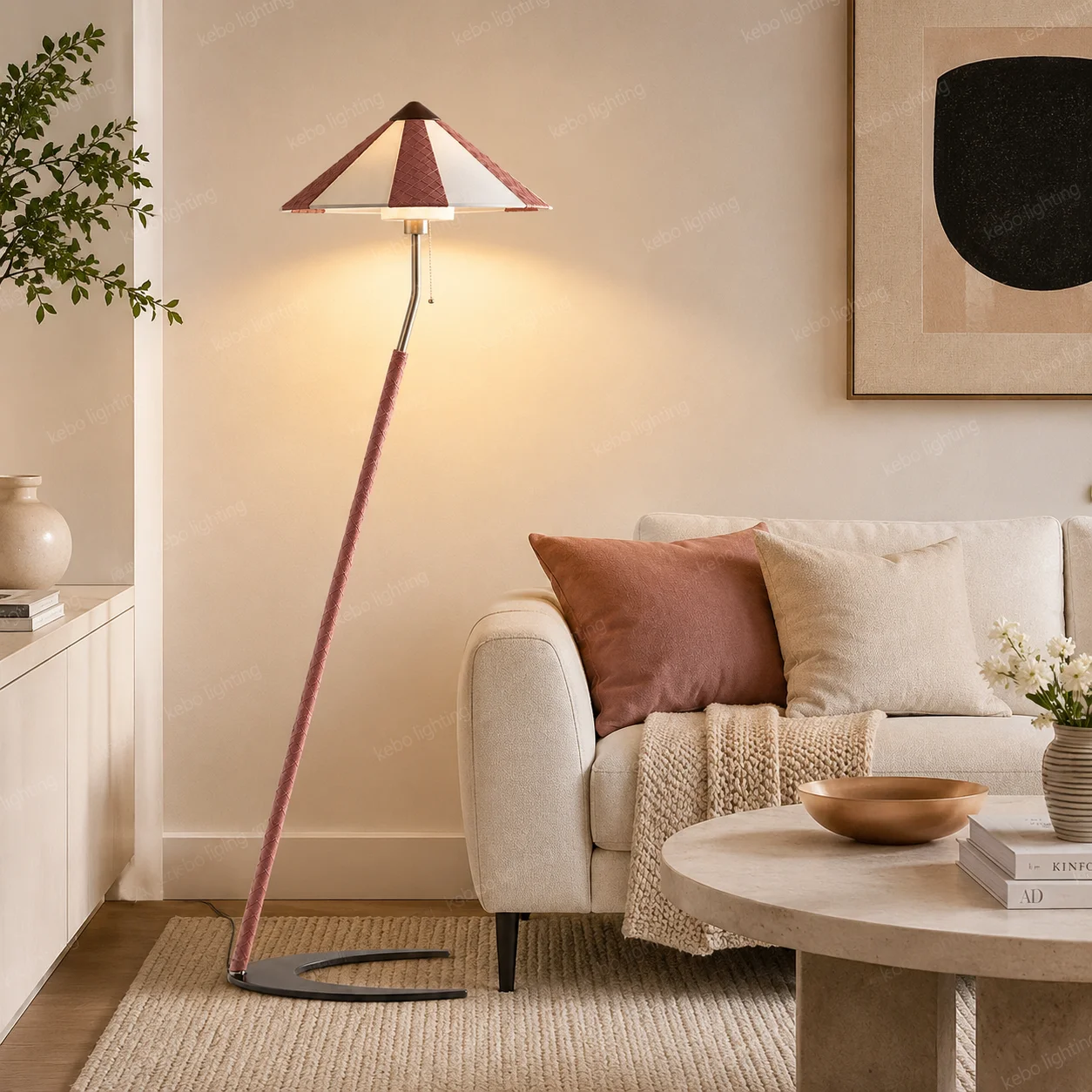 Vintage Wood Floor Lamp for Living Room, Rustic Farmhouse Standing Lamp with Switch, Zipper and Fabric and Leather Shade