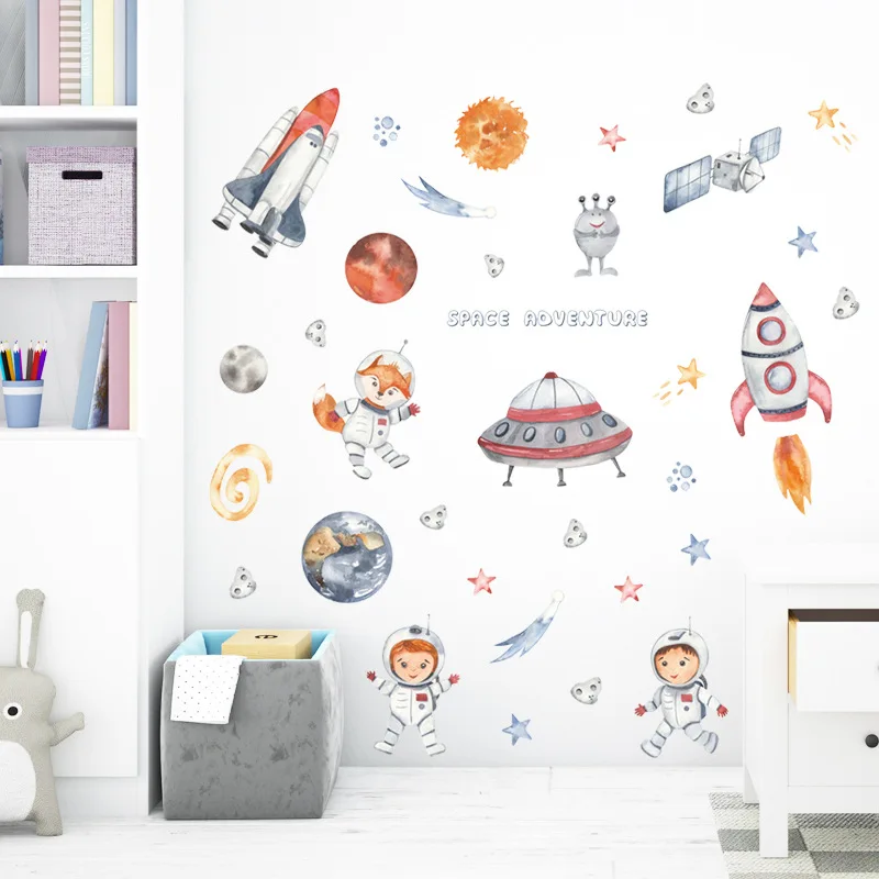 

Watercolor Cartoon Outer Space UFO Rocket Planet Astronaut Wall Stickers Baby Nursery Room Wall Decal Home Decorative Stickers