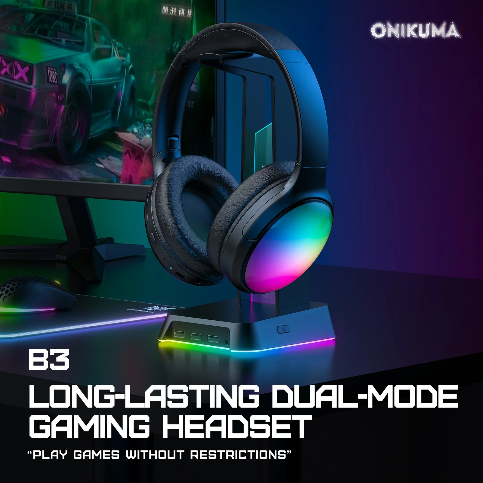 ONIKUMA Phantom RGB Gaming Headset Dual Mode Gaming Wireless Wired Connection Compatible with XBOX PS4