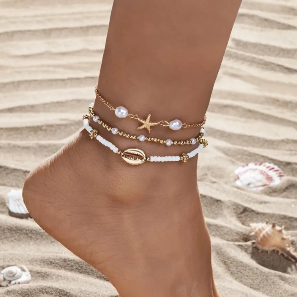 3PCS Bohemian Rice Bead Shell Starfish Anklets for Women Multilayer Handmade Foot Jewelry Beach Vacation Daily Sandal Bracelet
