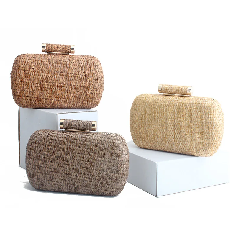 

Summer Fashion Hand-woven Straw Bag Women Metal Clutches Chain Shoulder bag Crossbody Bags Ladies Party Evening Clutch Purse