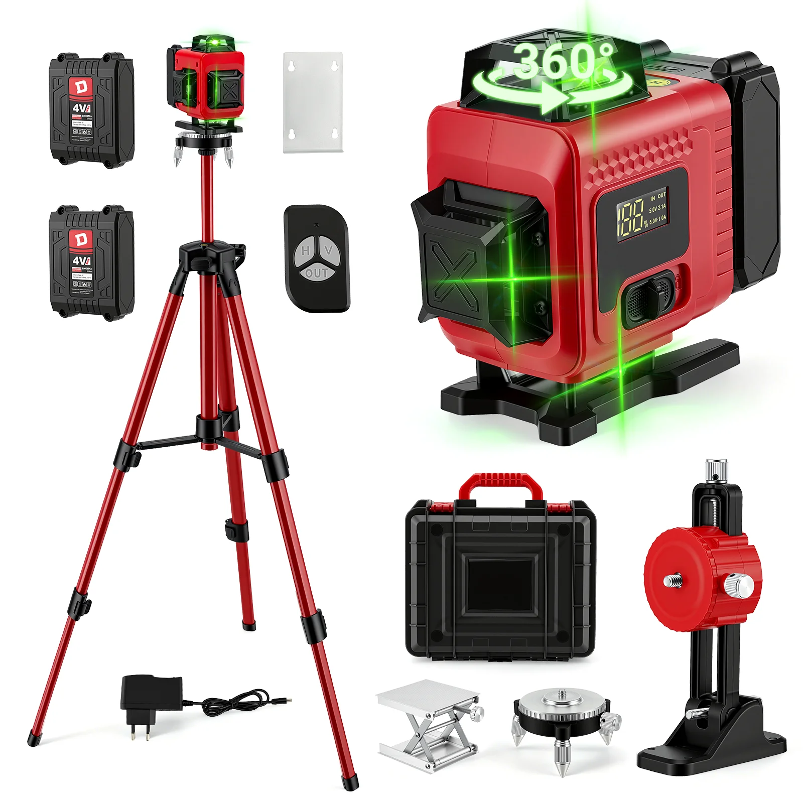 Lasernivelliergerät mit Stativ, selbstnivellierend, 4 x 360 ° 4D 16-Linien-Laser-Nivelliergerät mit 4800-mAh-Akku, grüne Laser-Wasserwaagen mit Pulsmodus, schwenkbare Basis, Fernbedienung,
