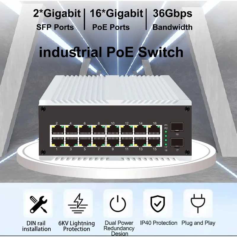 16 Port PoE Industrial Switch, 2 SFP Ports, High Temperature Resistance, IP40 Protection, DC Dual Power Supply