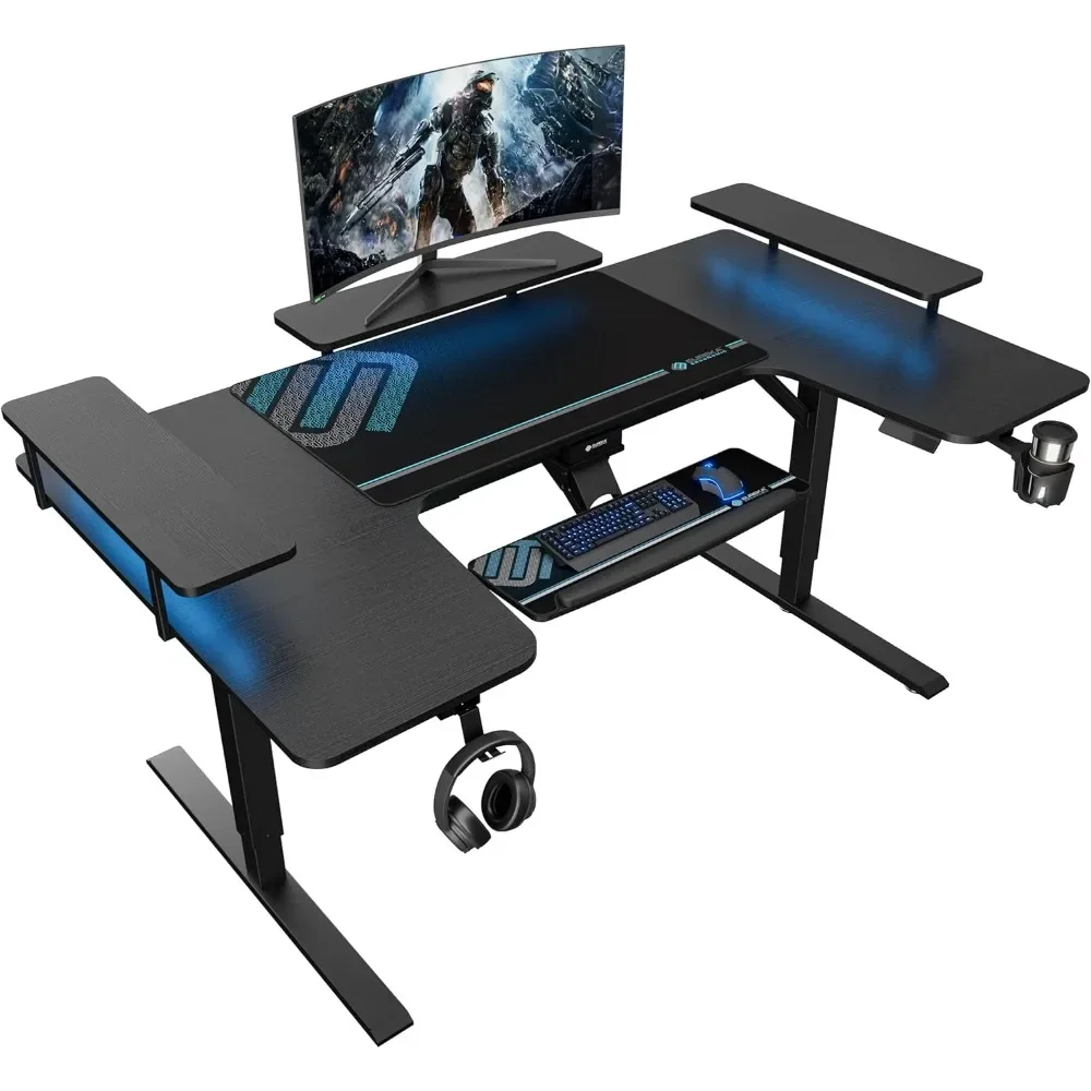 Standing Desk with Keyboard Tray, U-Shaped 74 Inch Large Gaming Desk, Electric Height Adjustable Music Studio Desk