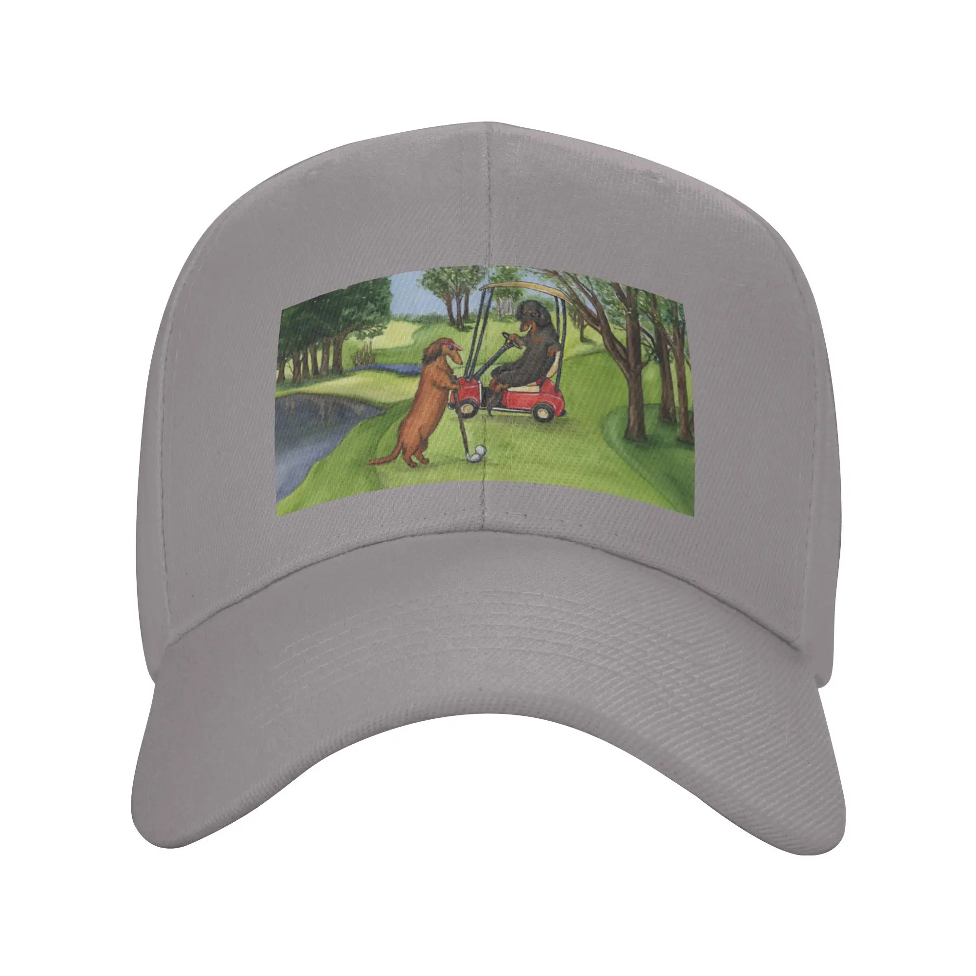 Golfing Dachshunds Funny Wiener Dogs on Golf Course Trendy Baseball Cap Birthday Party Adjustable Size Trucker Cap